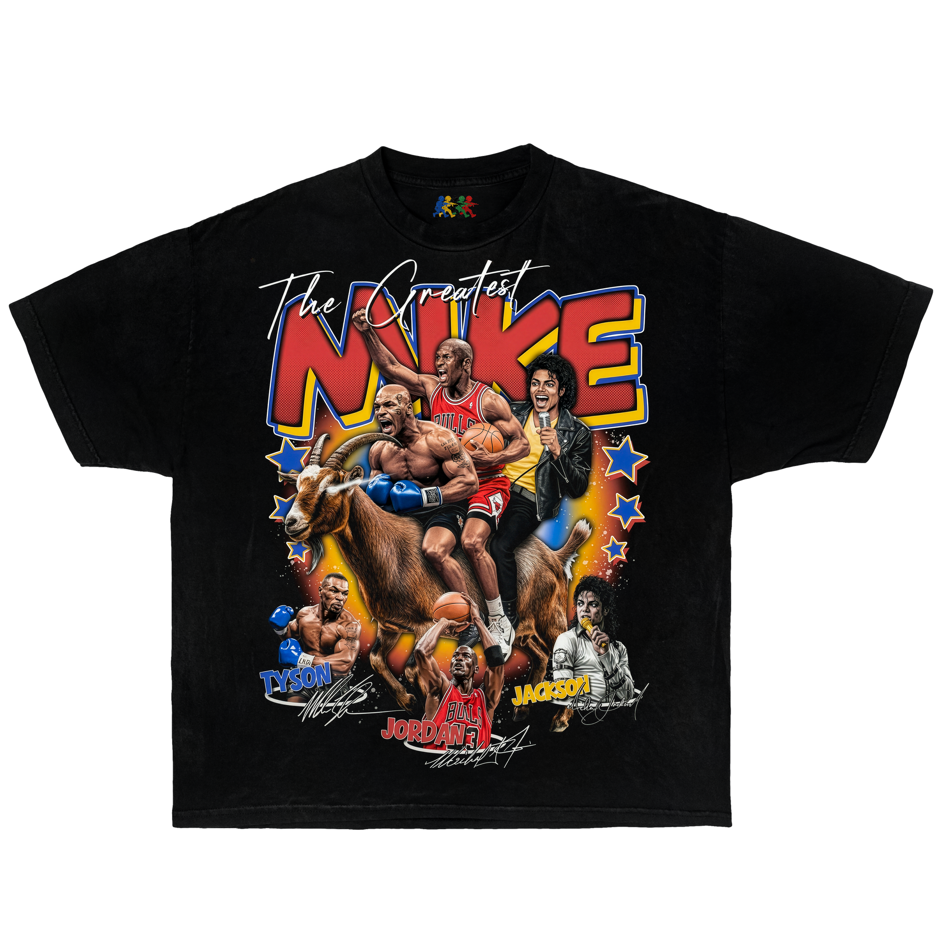 Black Greatest Mike graphic T-shirt featuring Mike Tyson, Michael Jordan, and Michael Jackson collage artwork in vintage pop culture streetwear style