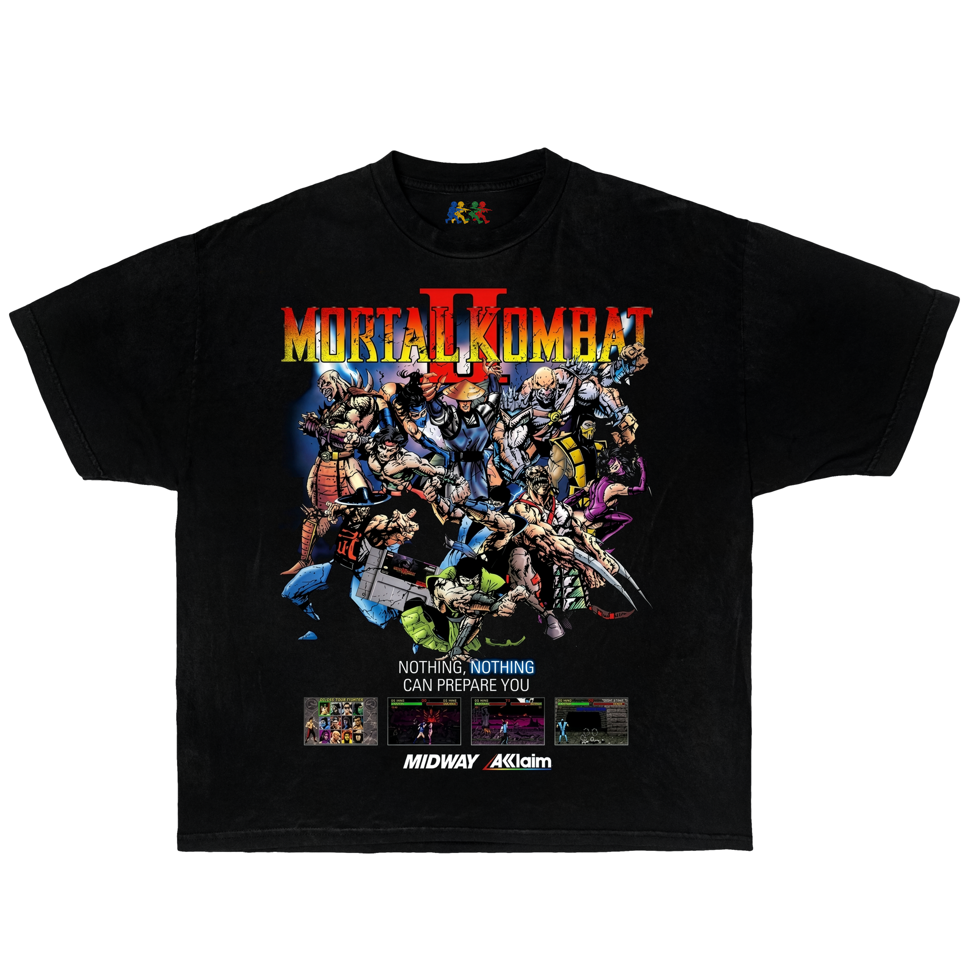 Black Mortal Kombat II graphic T-shirt featuring retro arcade fighter character collage and vintage gaming artwork