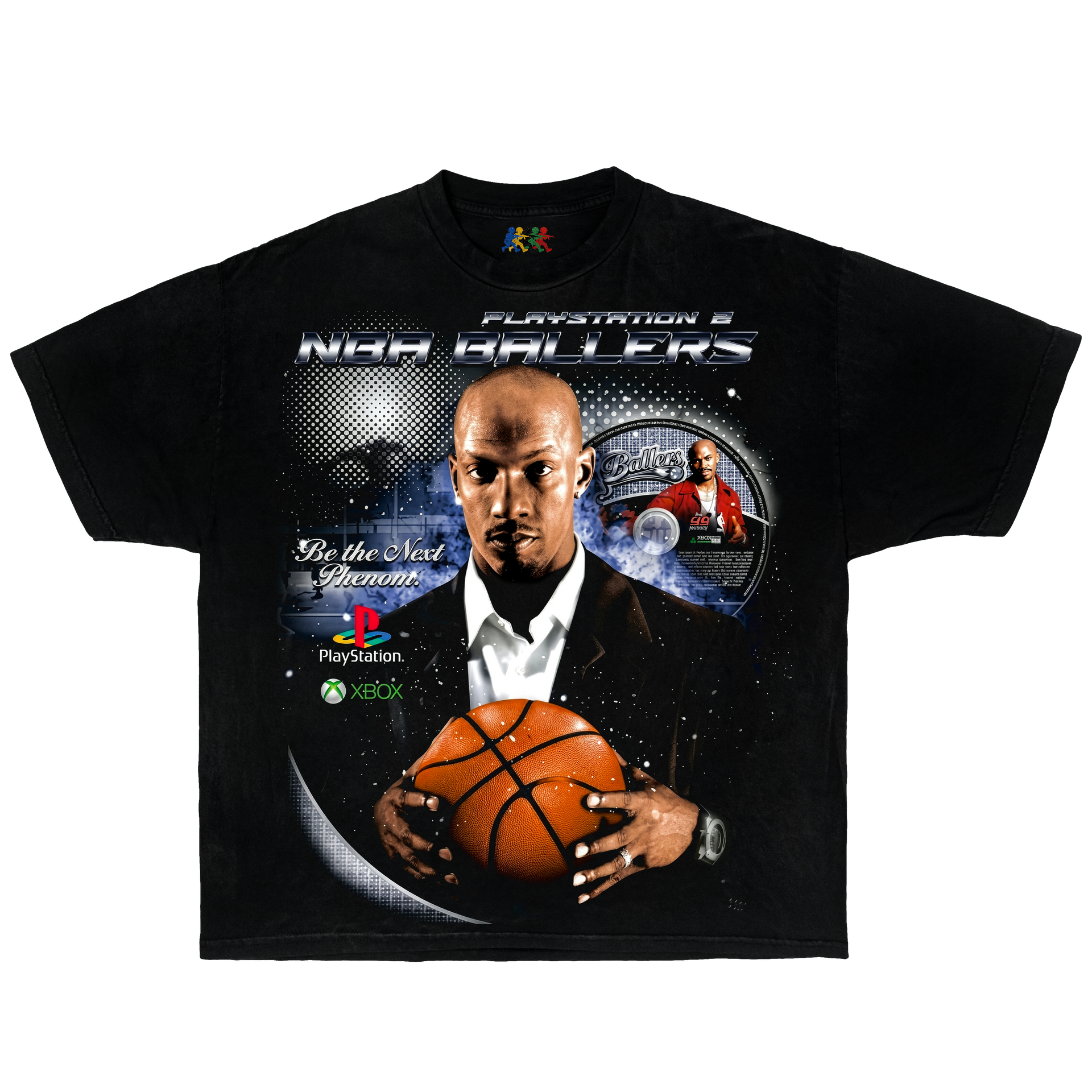 Black NBA Ballers graphic T-shirt featuring PlayStation 2 basketball game artwork with retro gaming collage design