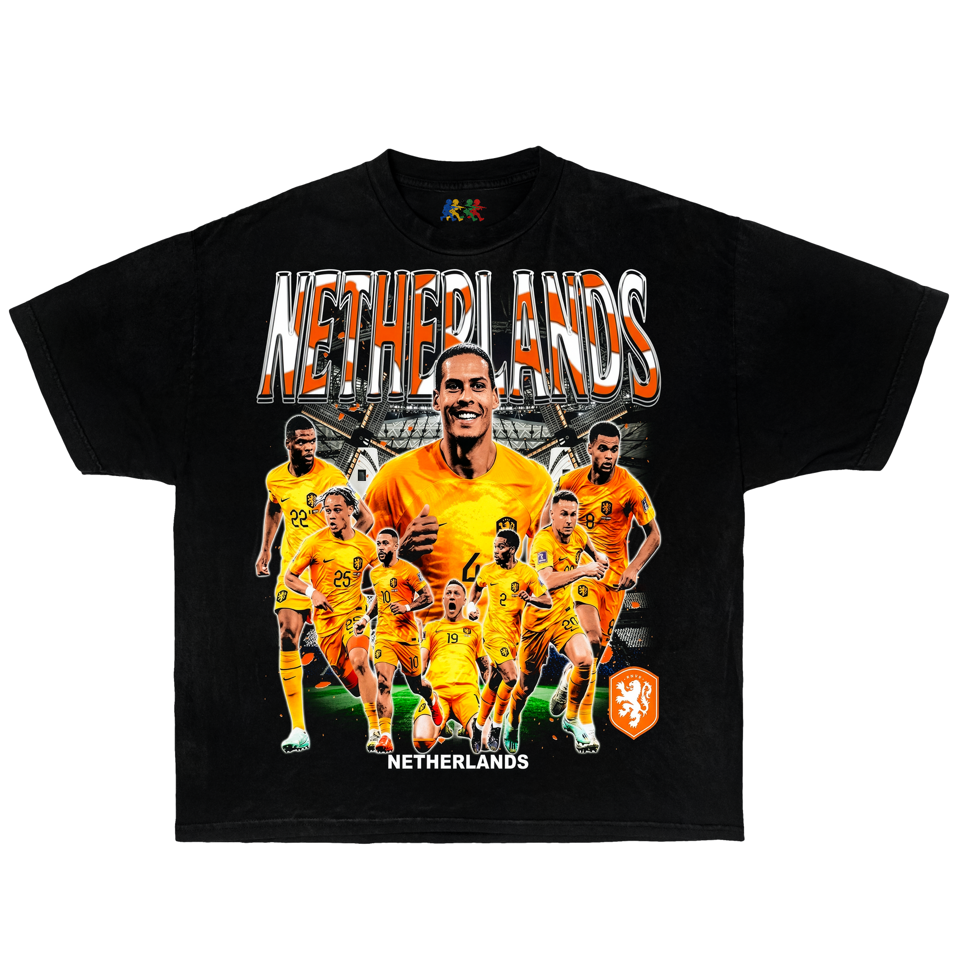 Black Netherlands football graphic T-shirt featuring Dutch national team player collage in vintage soccer streetwear style