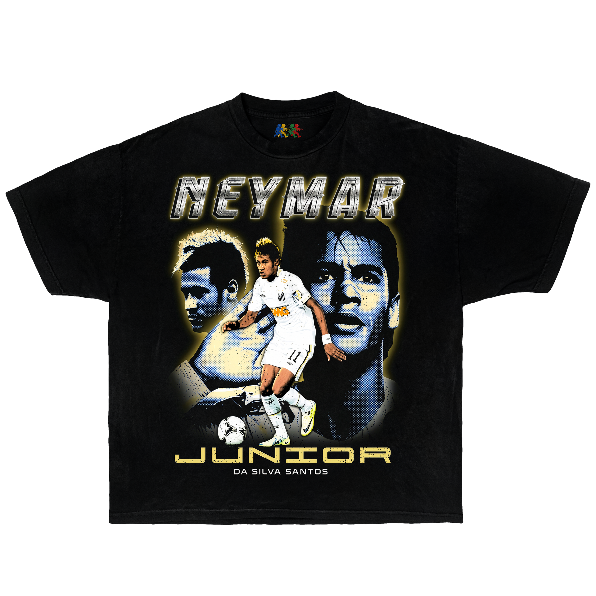 Black Neymar Jr graphic T-shirt featuring Santos FC era portrait collage in vintage football streetwear style