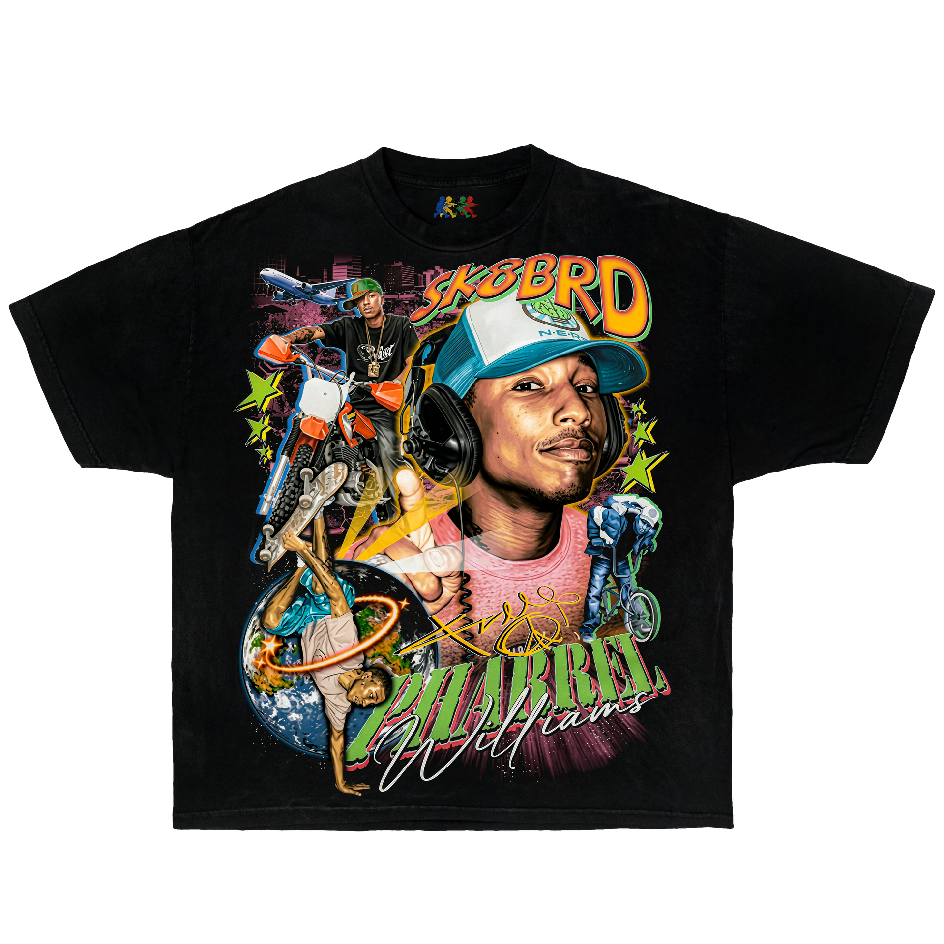 Black Pharrell Williams graphic T-shirt featuring a colorful Sk8brd collage design with vintage Y2K streetwear artwork