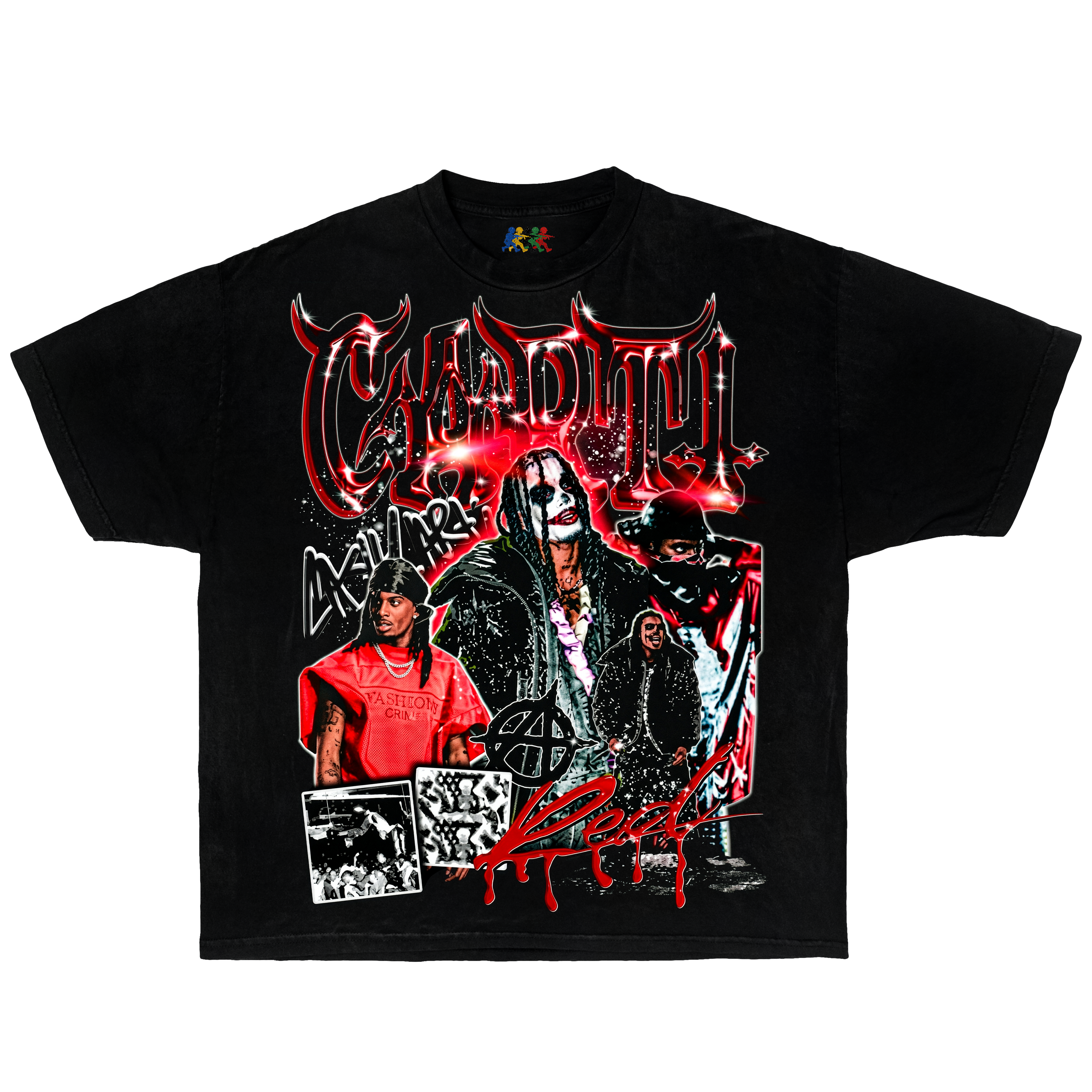 Black Playboi Carti graphic T-shirt featuring a chaos-themed red collage design in vintage rap streetwear style