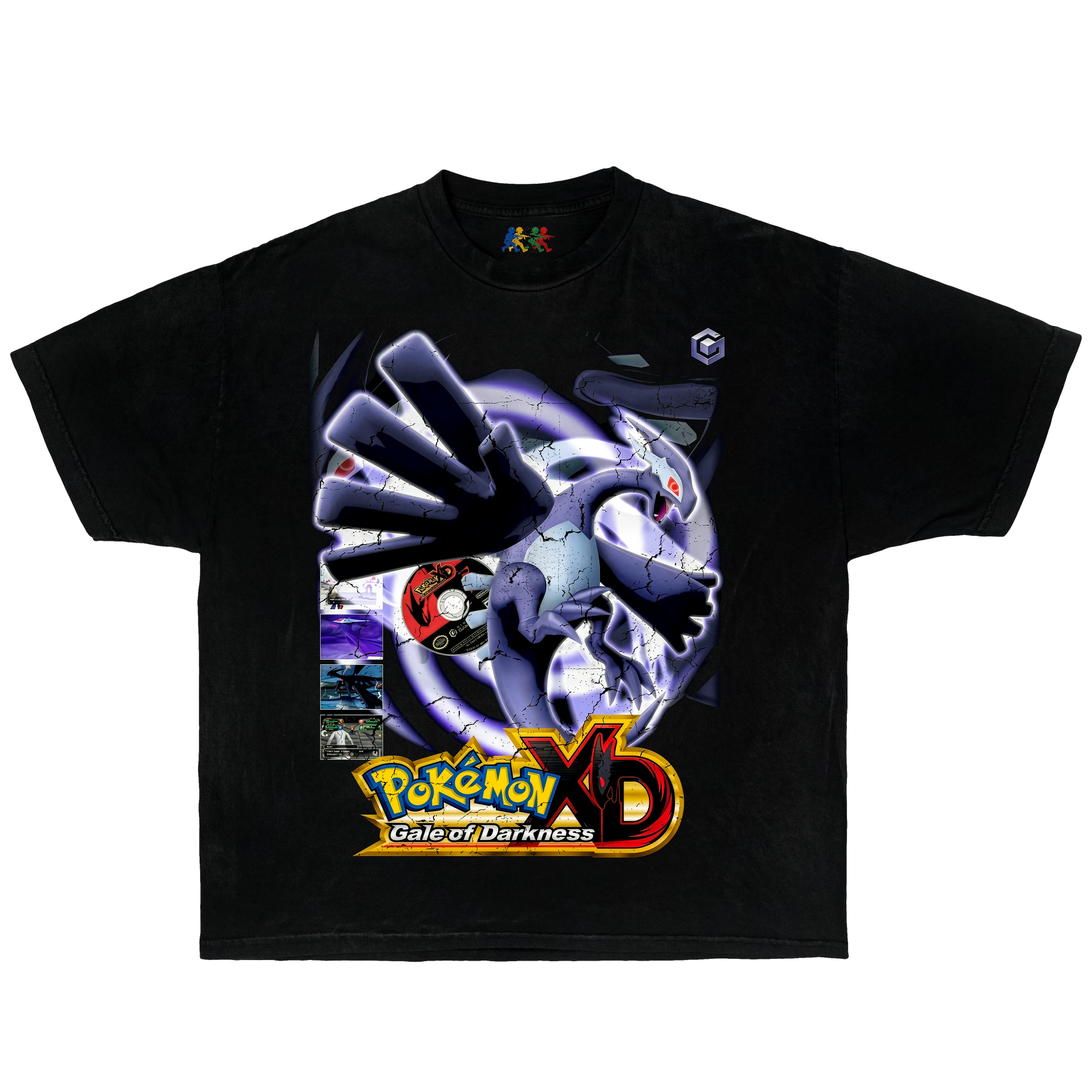 Black Pokémon XD Gale of Darkness graphic T-shirt featuring Lugia with retro GameCube gaming artwork in vintage Y2K style