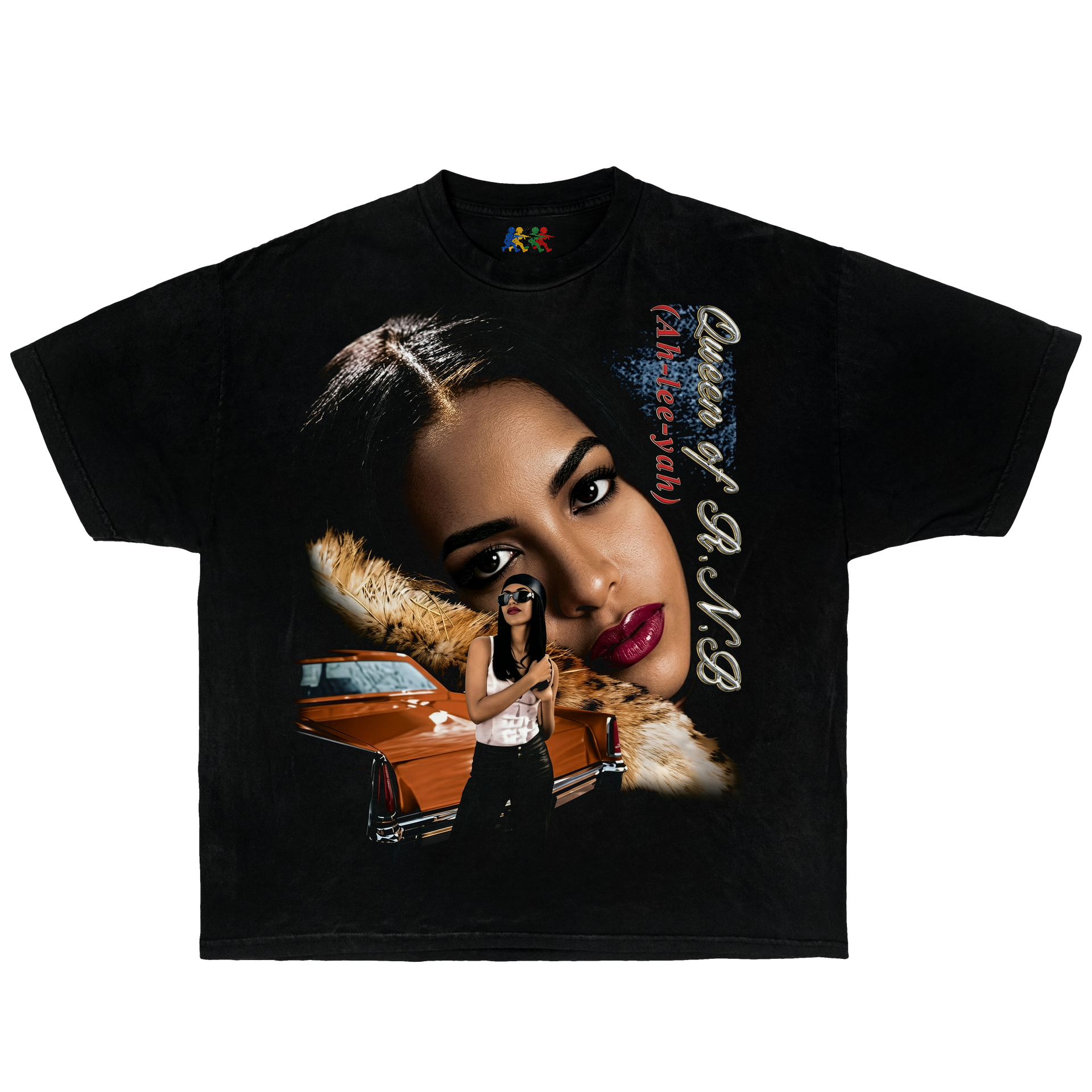 Black Aaliyah graphic T-shirt featuring a Queen of R&B lowrider-inspired portrait design in vintage Y2K streetwear style