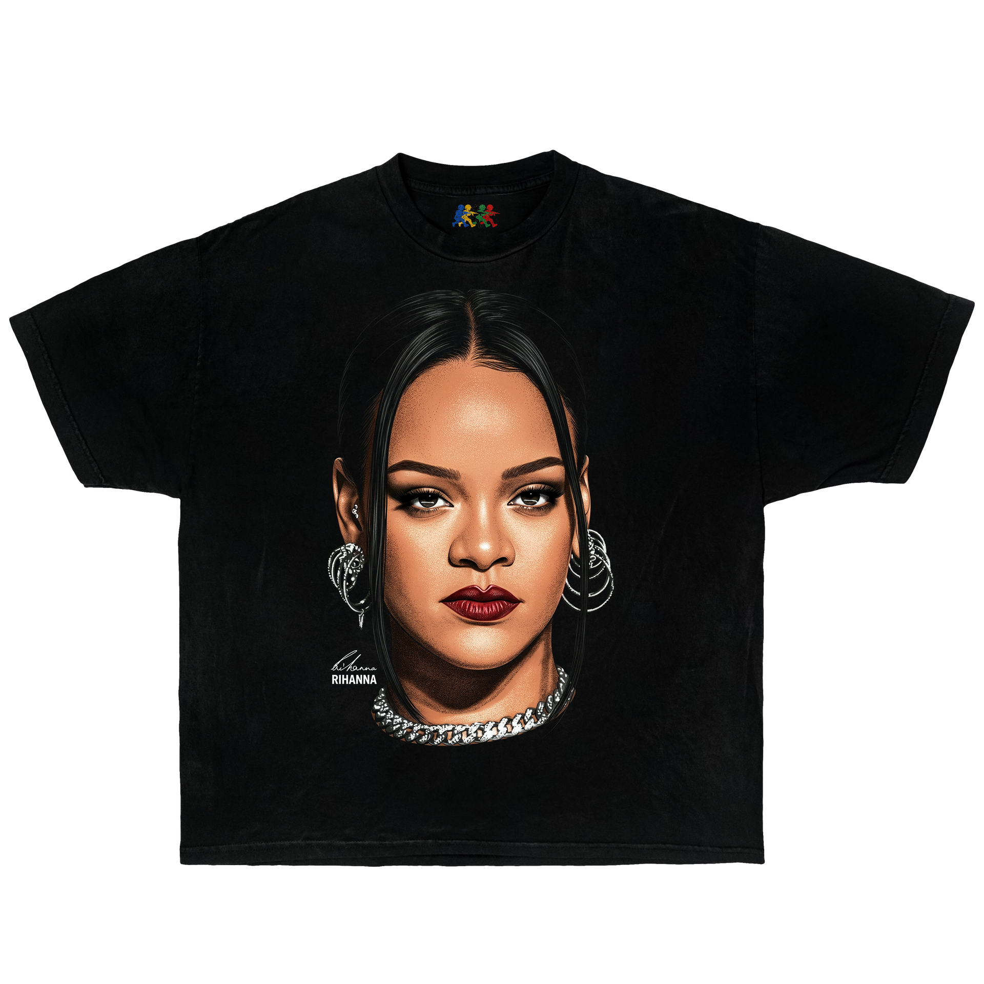 Black Rihanna graphic T-shirt featuring a clean portrait design with silver chain styling in vintage Y2K pop streetwear style