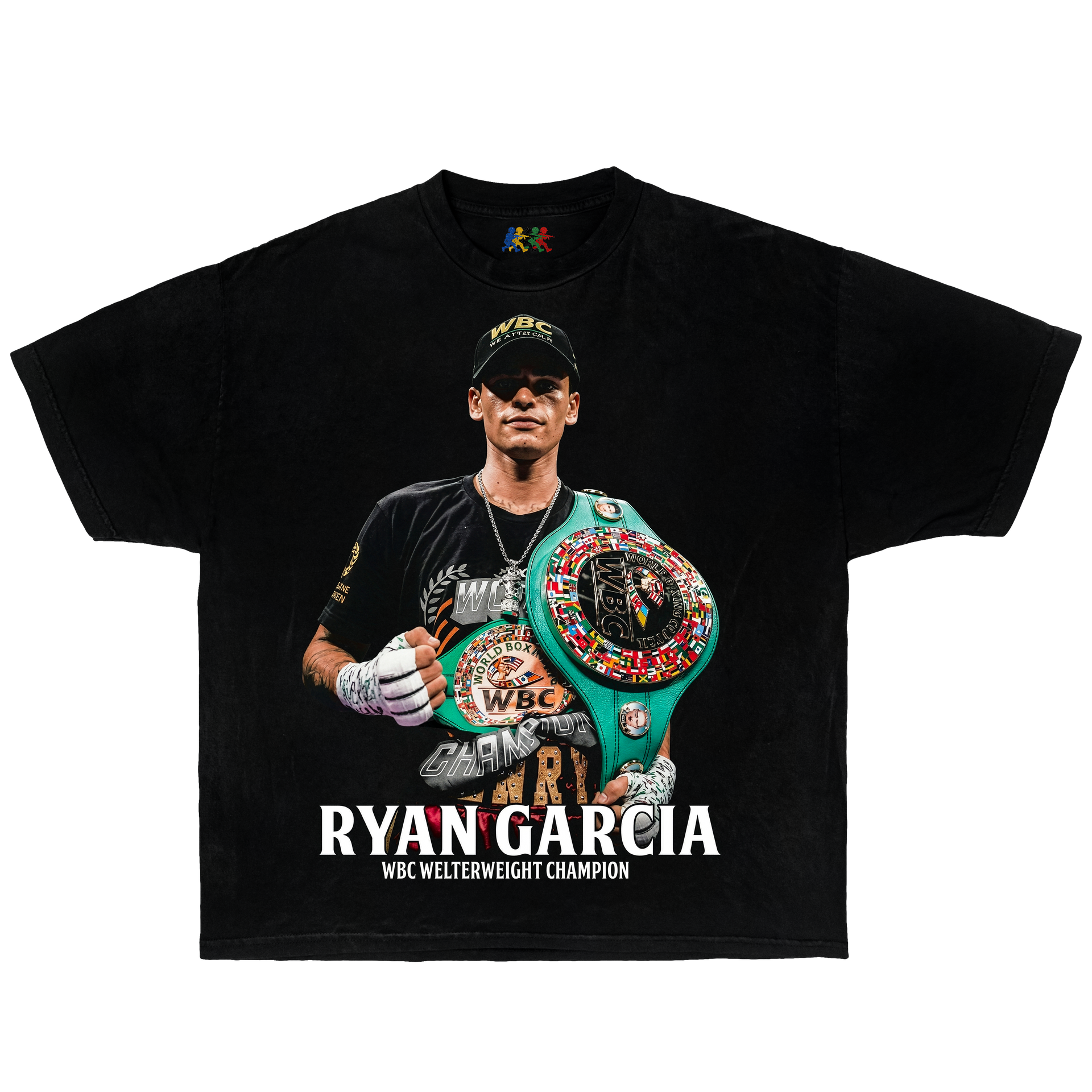 Black Ryan Garcia graphic T-shirt featuring a championship boxing portrait with WBC belts in vintage fight style