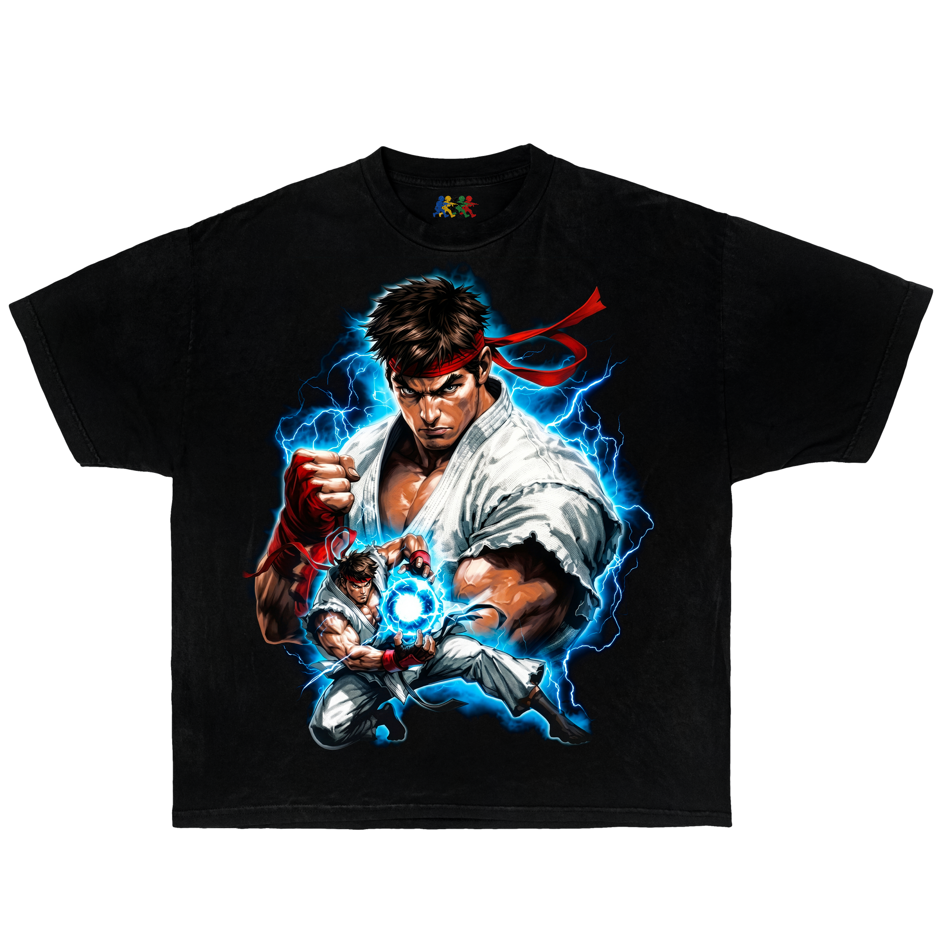 Black Ryu Street Fighter graphic T-shirt featuring a lightning hadouken design in vintage gaming Y2K style