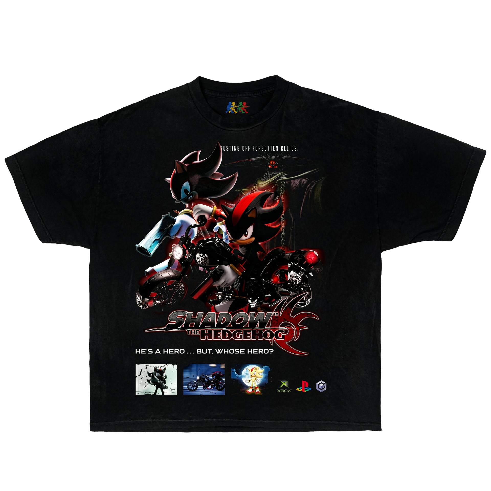 Black Shadow the Hedgehog graphic T-shirt featuring dark retro gaming artwork with motorcycle and GameCube-inspired design in Y2K style
