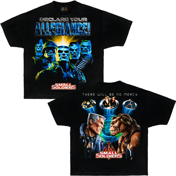 Black Small Soldiers graphic T-shirt featuring Declare Your Allegiance artwork in vintage 90s cult movie streetwear style