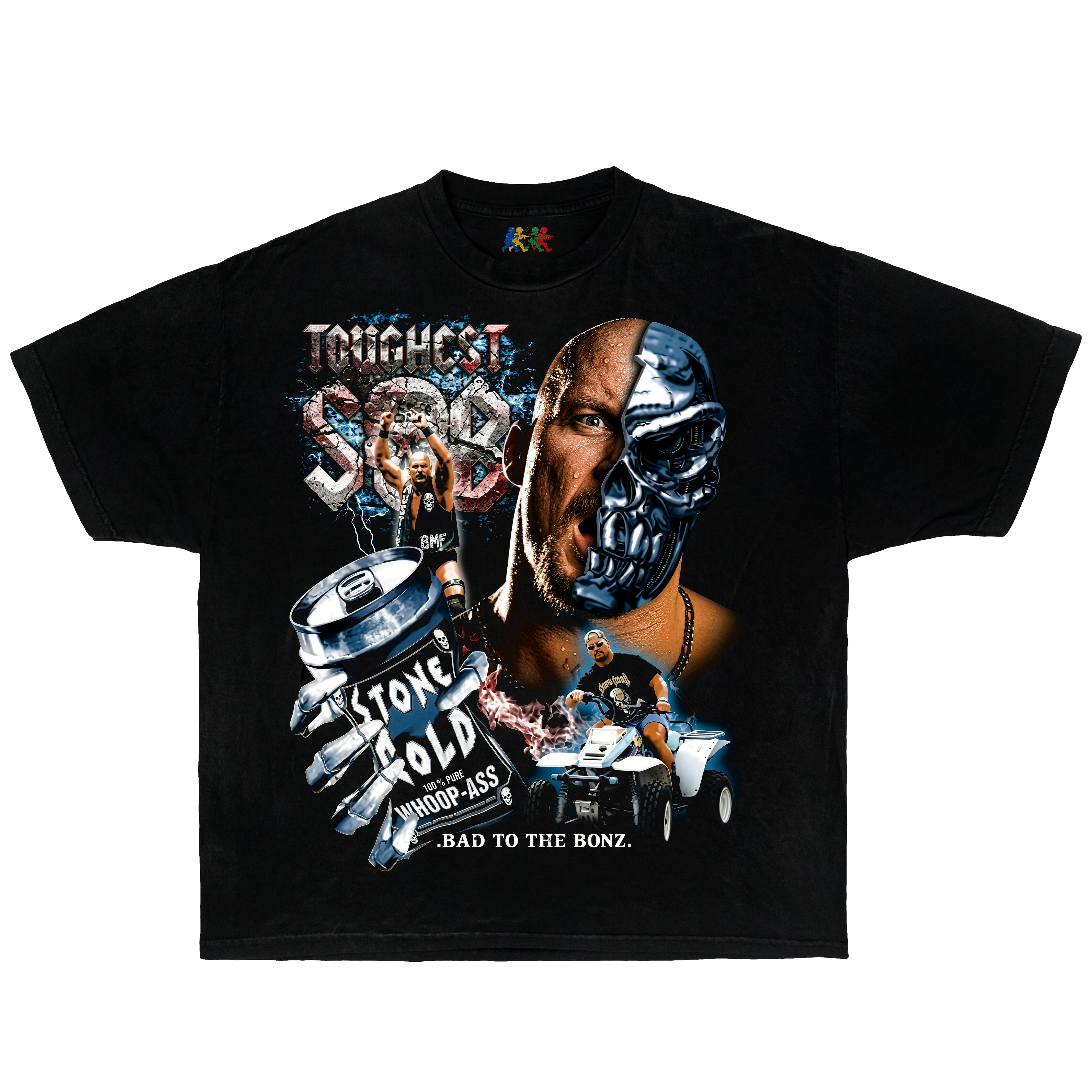 Black Stone Cold Steve Austin graphic T-shirt featuring a Terminator-inspired wrestling collage in vintage WWE streetwear style