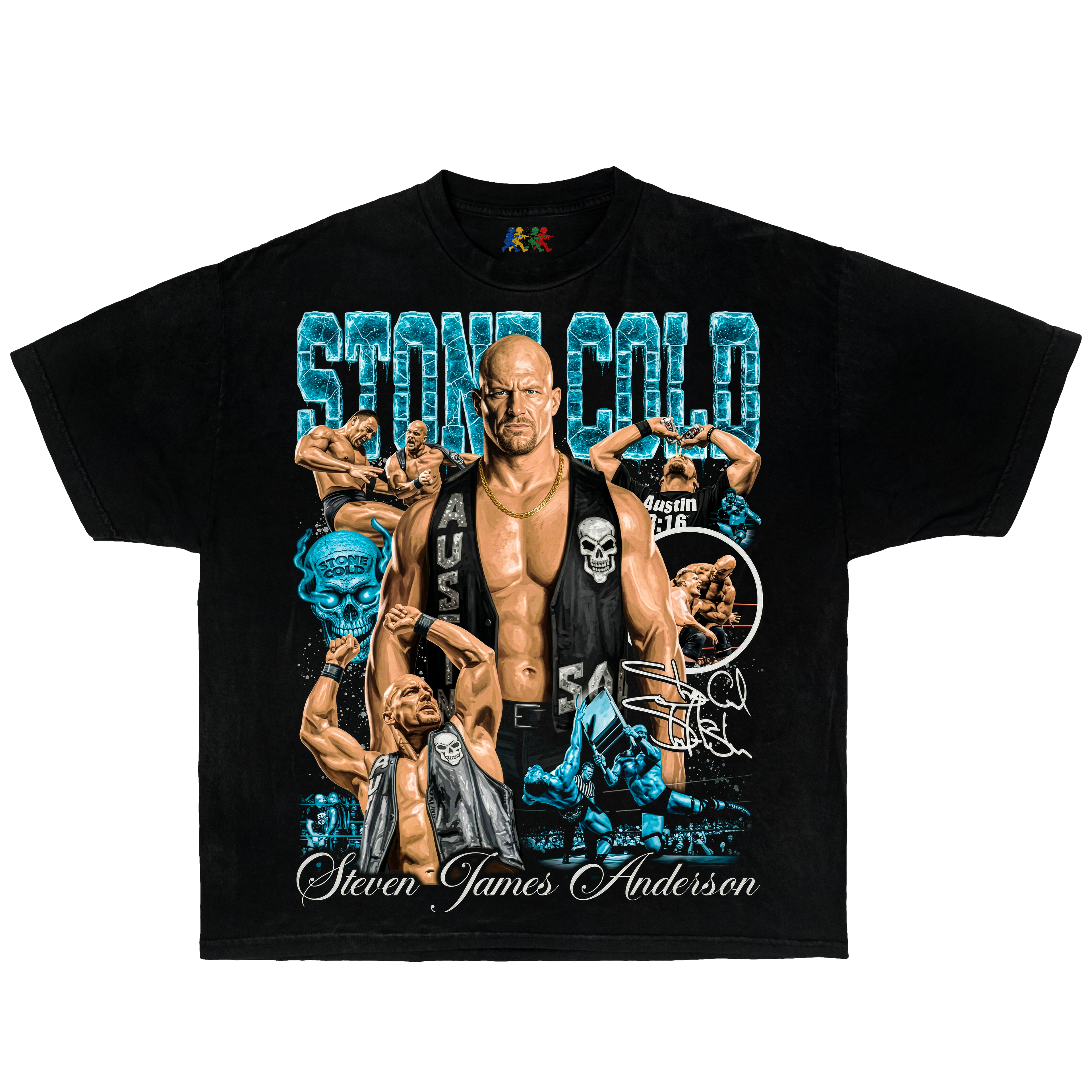 Black Stone Cold Steve Austin graphic T-shirt featuring a wrestling collage design in vintage WWE streetwear style