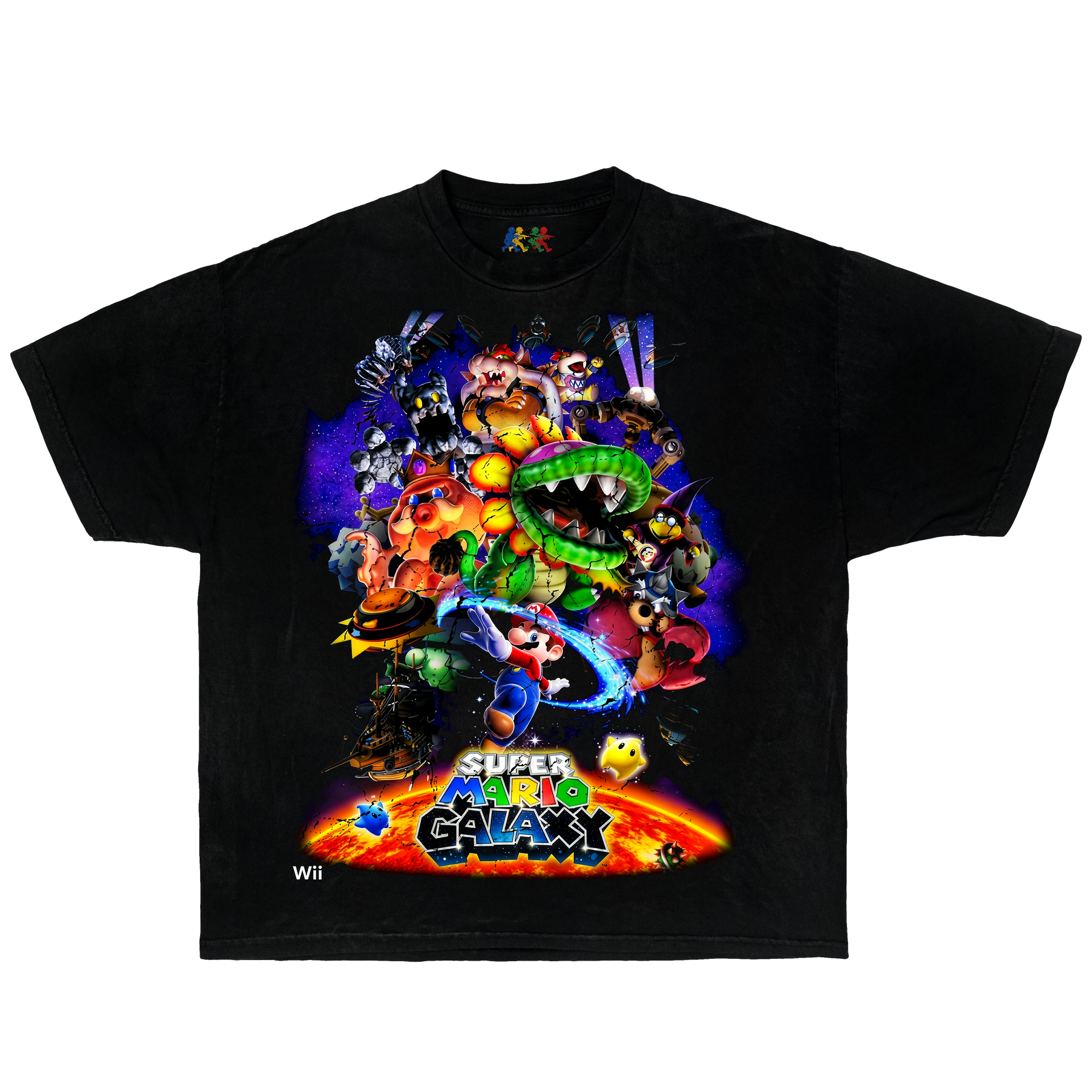 Black Super Mario Galaxy graphic T-shirt featuring Mario and enemy collage artwork in vintage Nintendo Wii gaming style