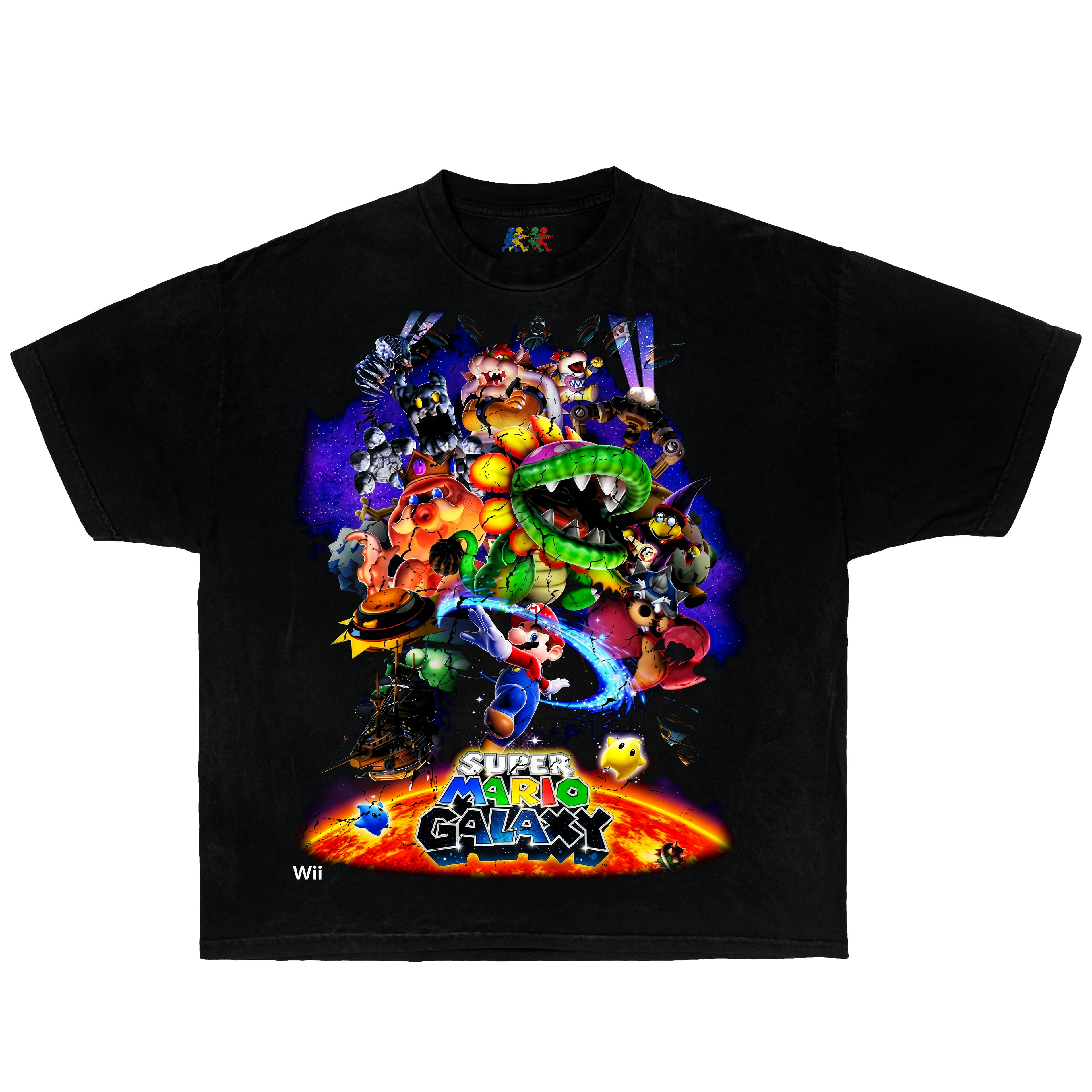 Black Super Mario Galaxy graphic T-shirt featuring Mario and enemy collage artwork in vintage Nintendo Wii gaming style