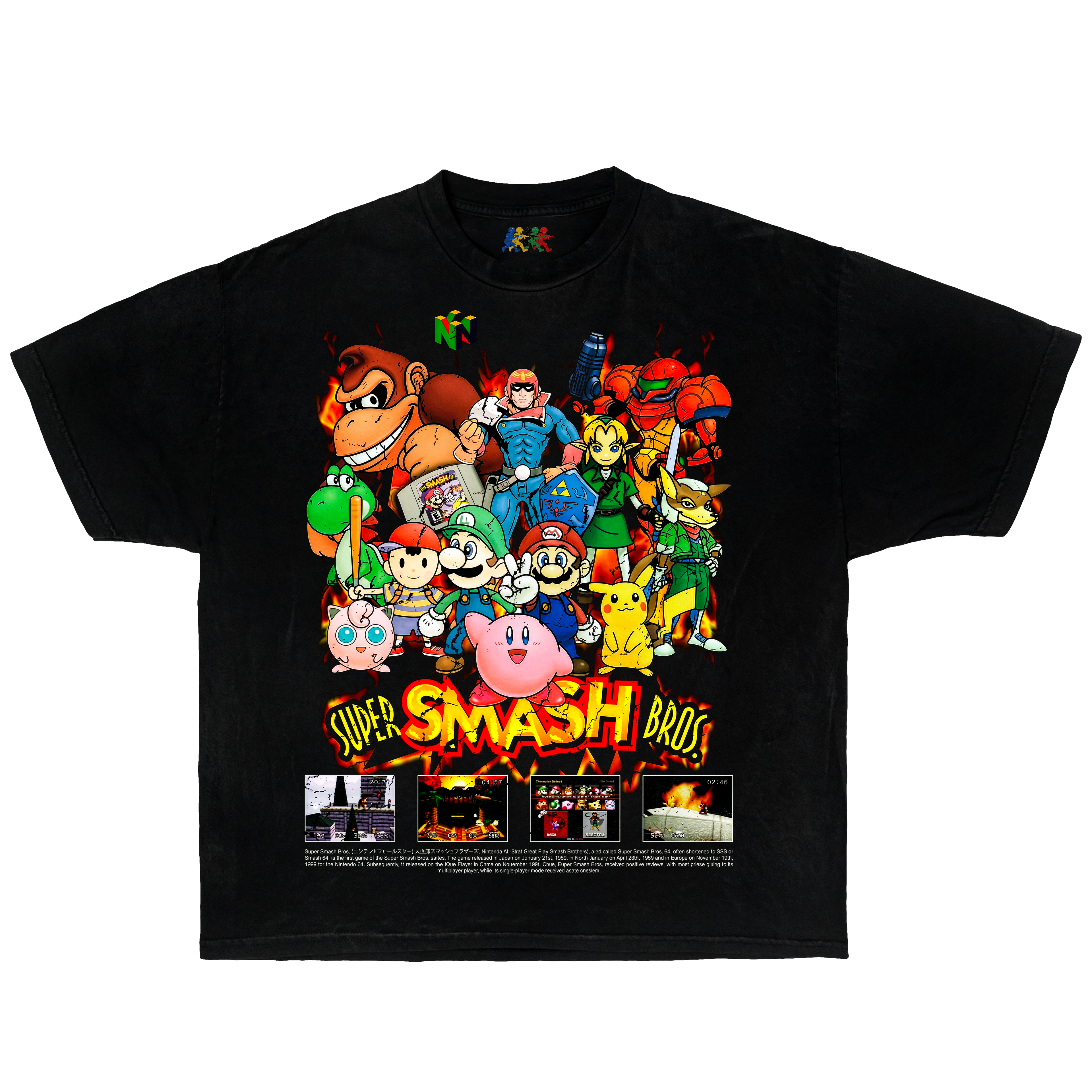 Black Super Smash Bros 64 graphic T-shirt featuring Nintendo character all stars collage in retro gaming Y2K streetwear style