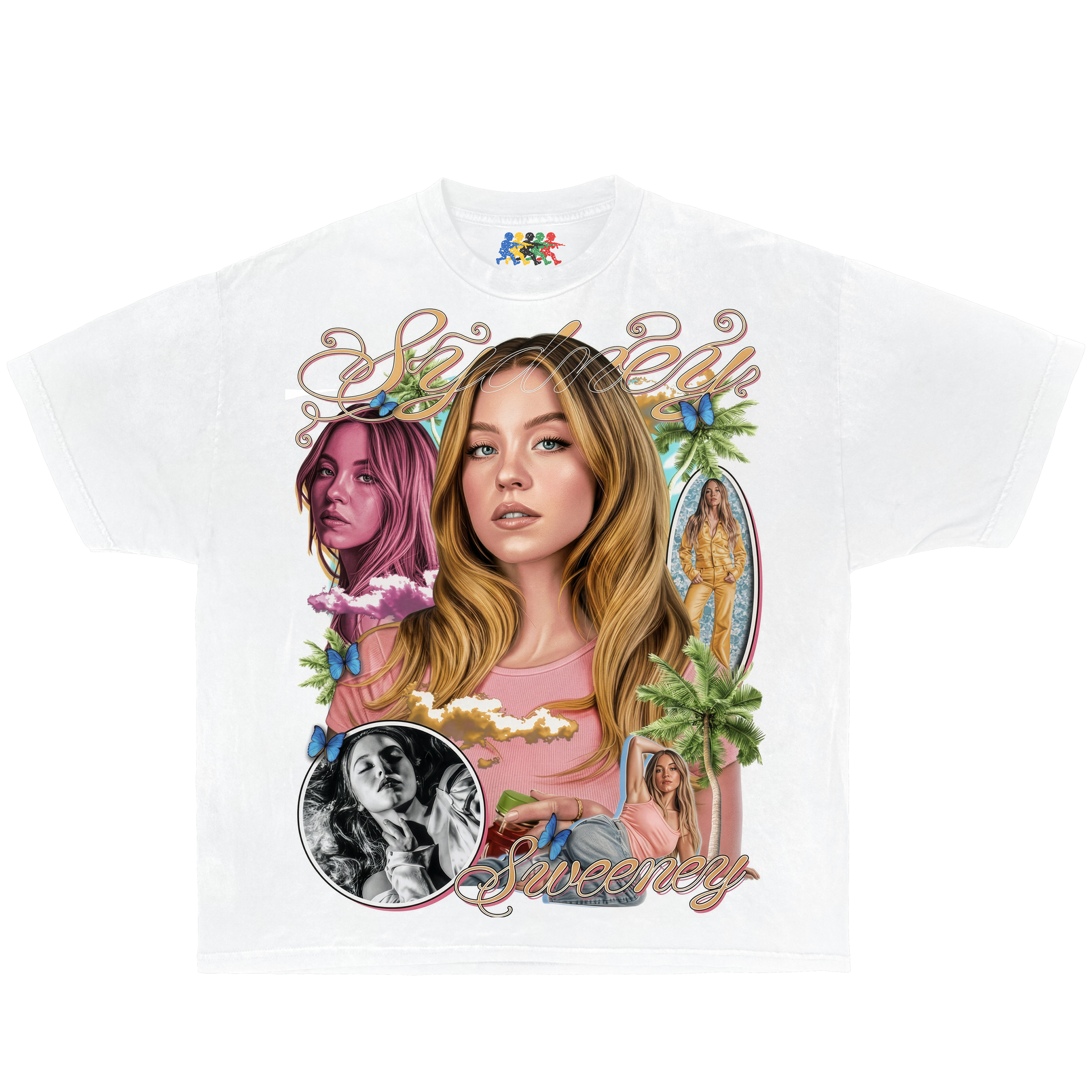 White Sydney Sweeney graphic T-shirt featuring a soft pink collage portrait with butterflies and vintage Y2K pop aesthetic