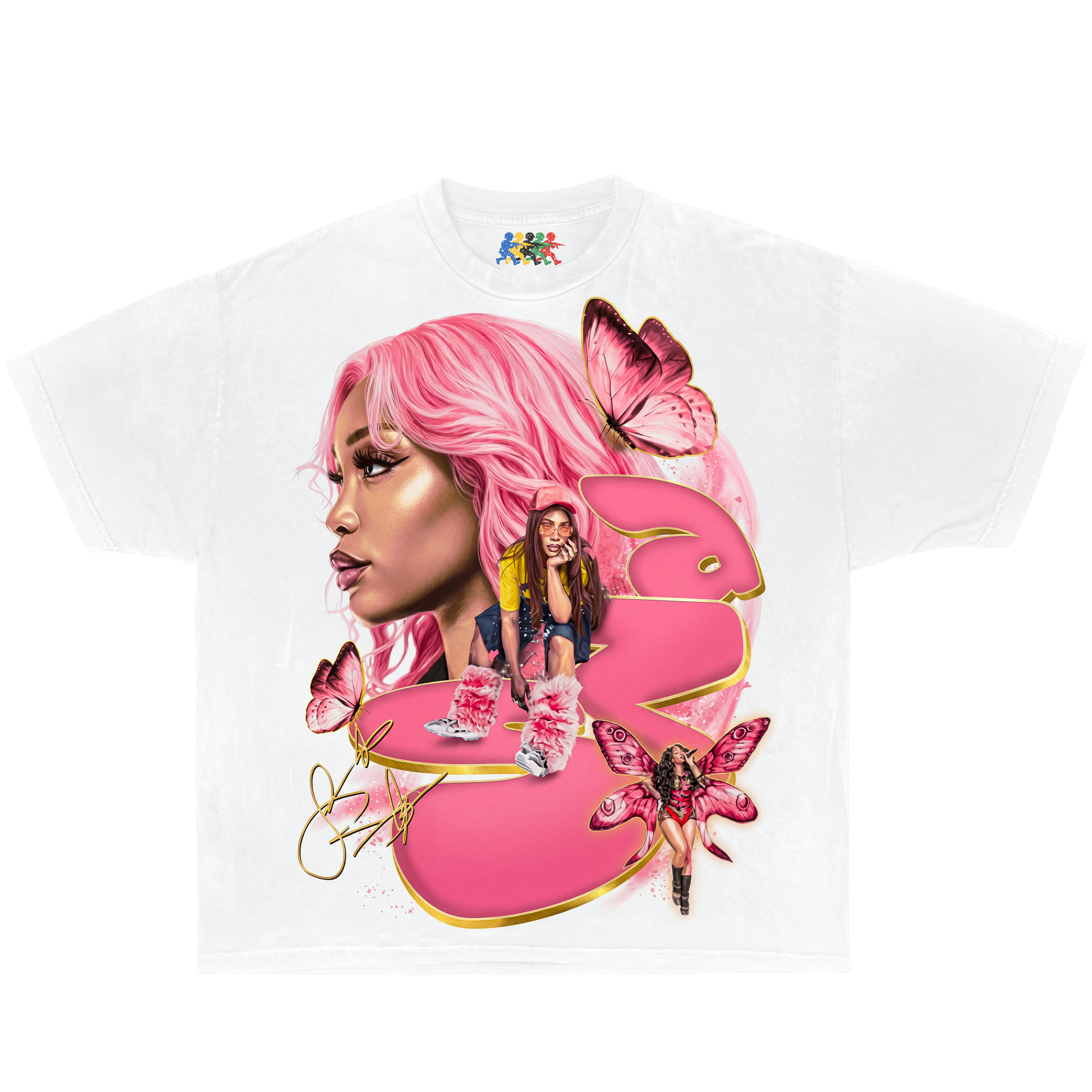 White SZA graphic T-shirt featuring a pink butterfly portrait design in vintage Y2K R&B streetwear style