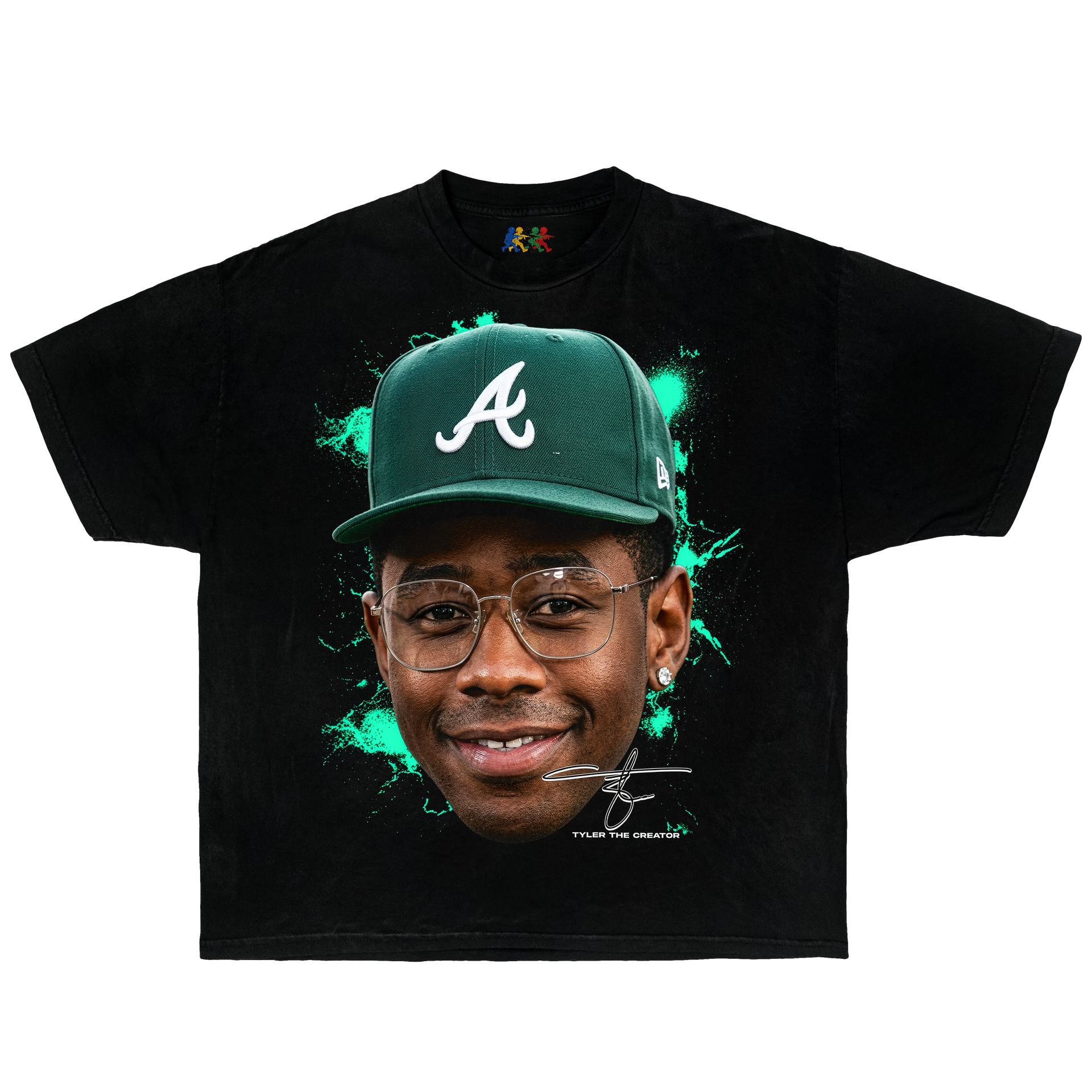 Black Tyler The Creator graphic T-shirt featuring a portrait with green Atlanta cap in vintage hip hop streetwear style