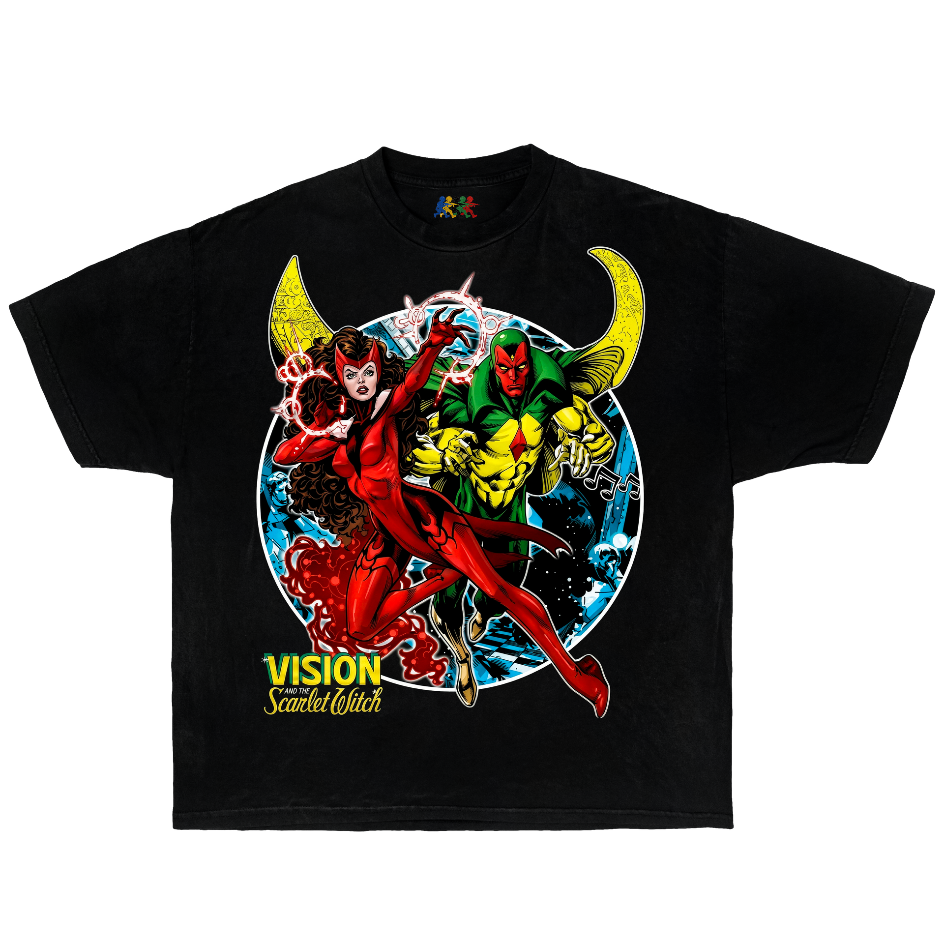 Vision and Scarlet Witch Vintage Marvel Graphic T-Shirt Black – Double Sided Comic Bootleg Boxy Oversized Y2K Tee