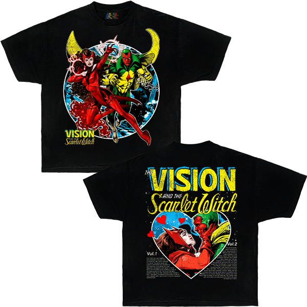 Black Vision and Scarlet Witch graphic T-shirt featuring double sided Marvel comic artwork in vintage superhero streetwear style