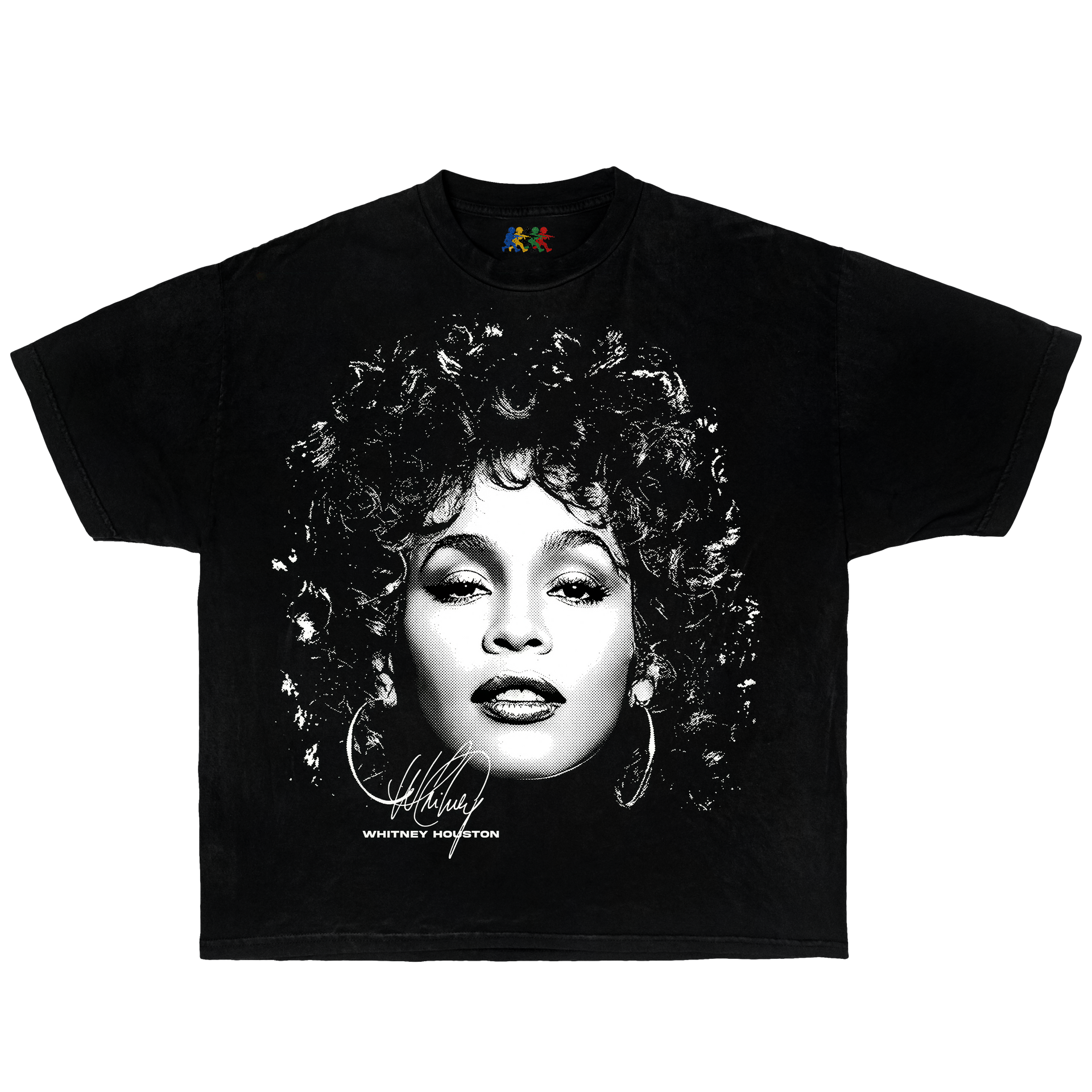 Black Whitney Houston graphic T-shirt featuring a black and white portrait in vintage R&B soul streetwear style