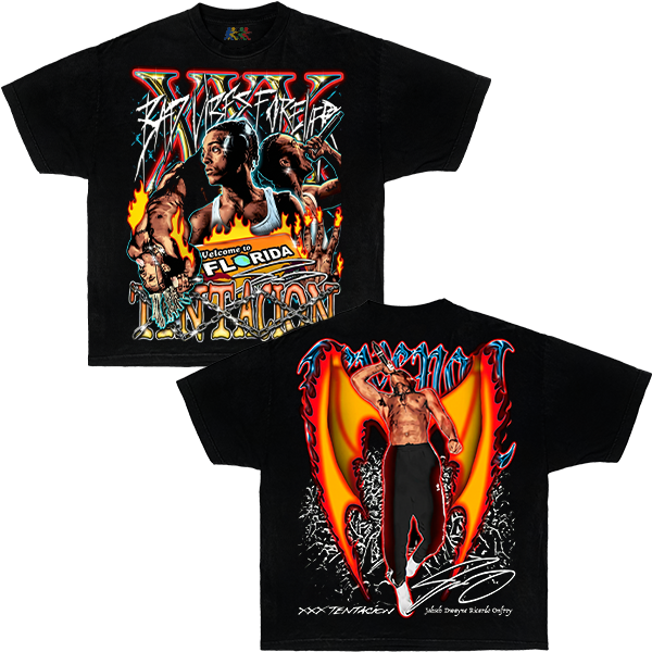 Black XXXTentacion graphic T-shirt featuring double sided revenge-inspired rap artwork in vintage Y2K hip hop streetwear style