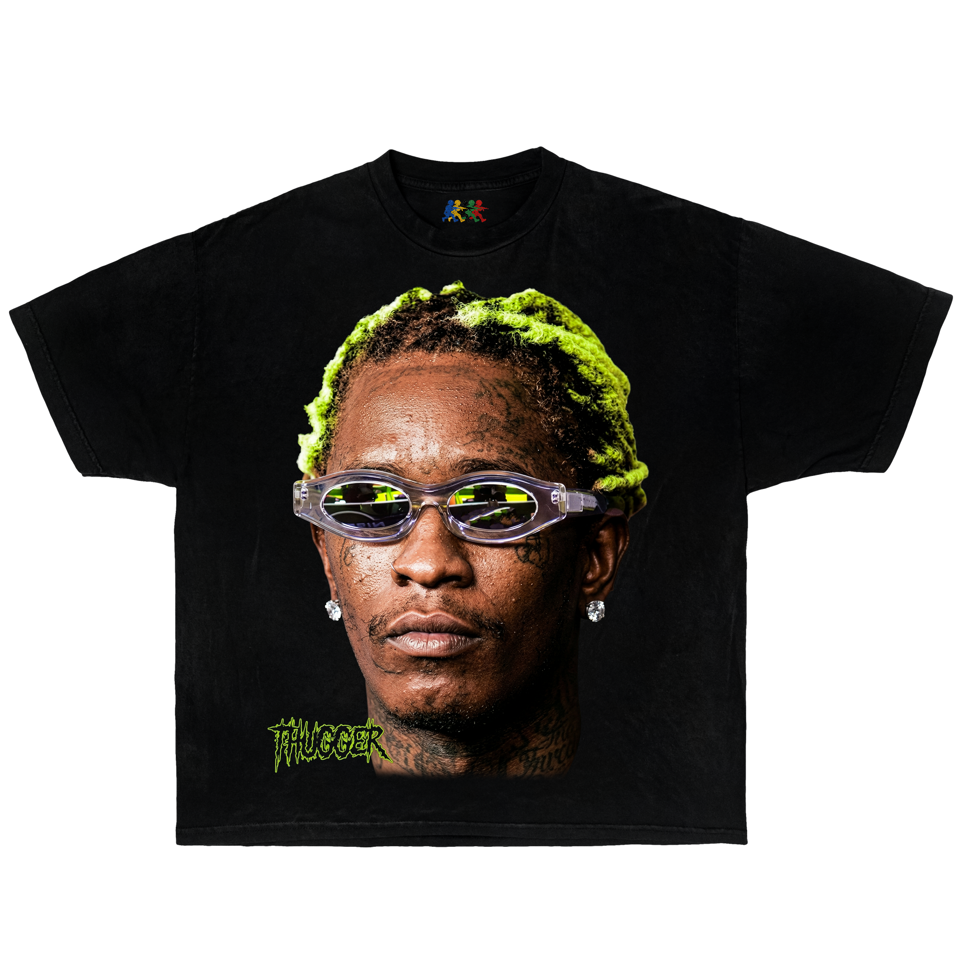 Black Young Thug graphic T-shirt featuring a portrait with green dreads and sunglasses in vintage hip hop streetwear style