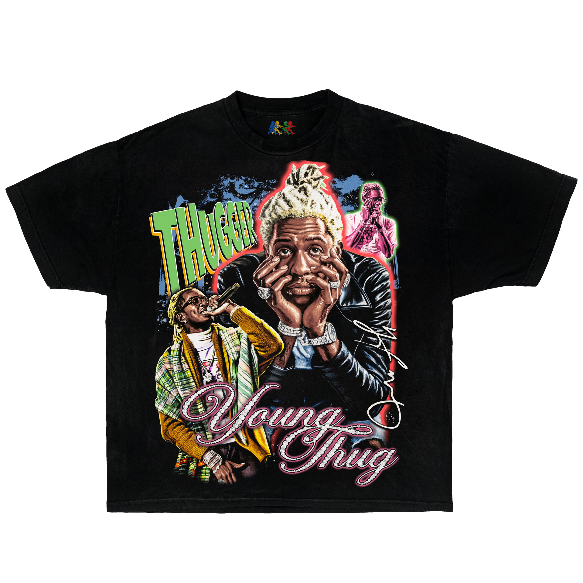 Black Young Thug graphic T-shirt featuring a colorful rap collage design in vintage Y2K hip hop streetwear style