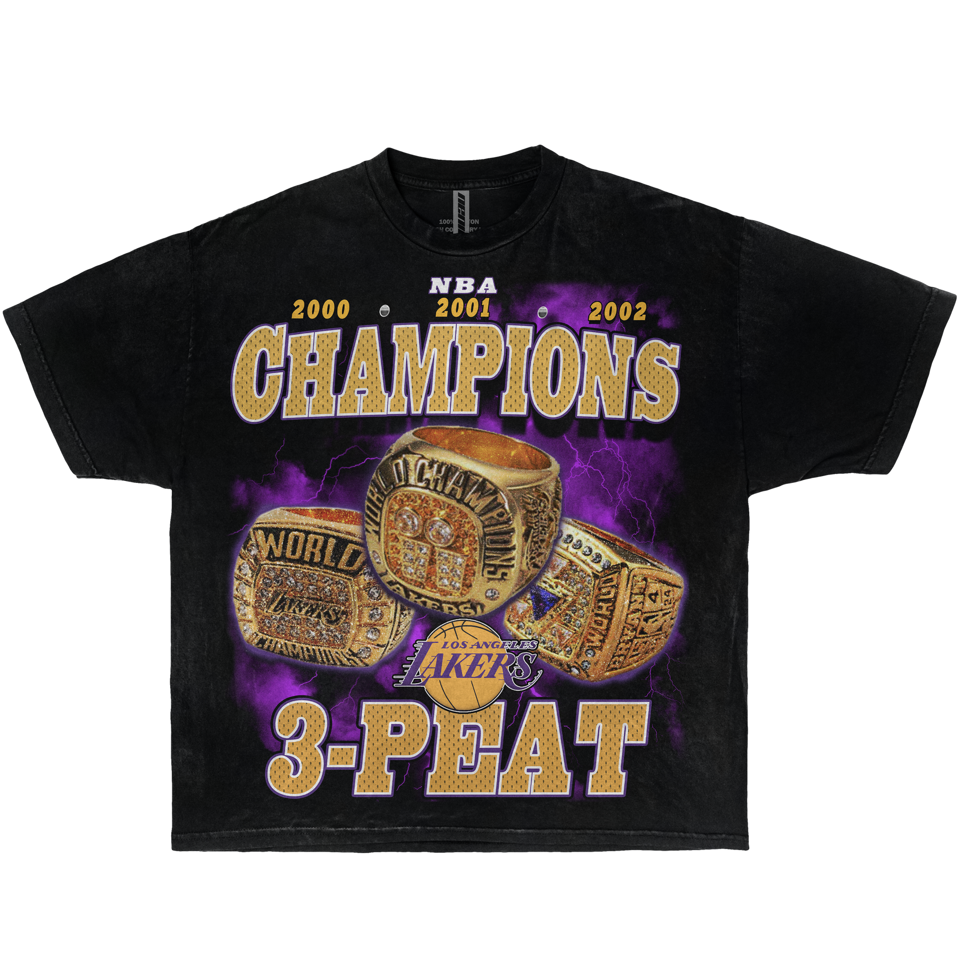 Lakers 3-Peat Championship Rings Kobe Shaq Phil Boxy Vintage Graphic Basketball Tee Streetwear Y2K